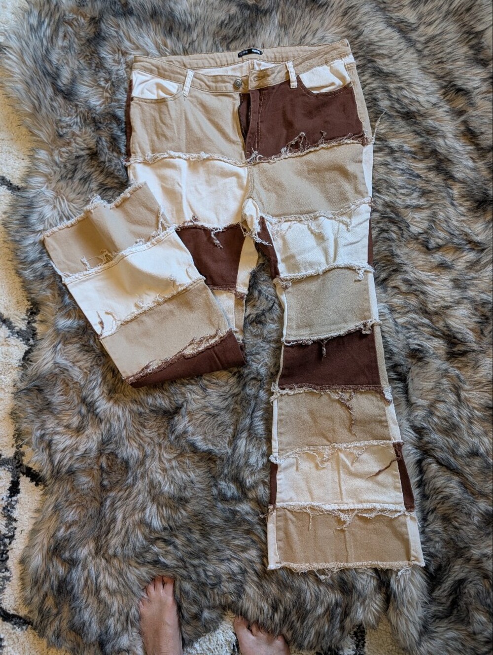Fashion Nova Patchwork High-Waist Wide Leg Jeans - Cream & Brown